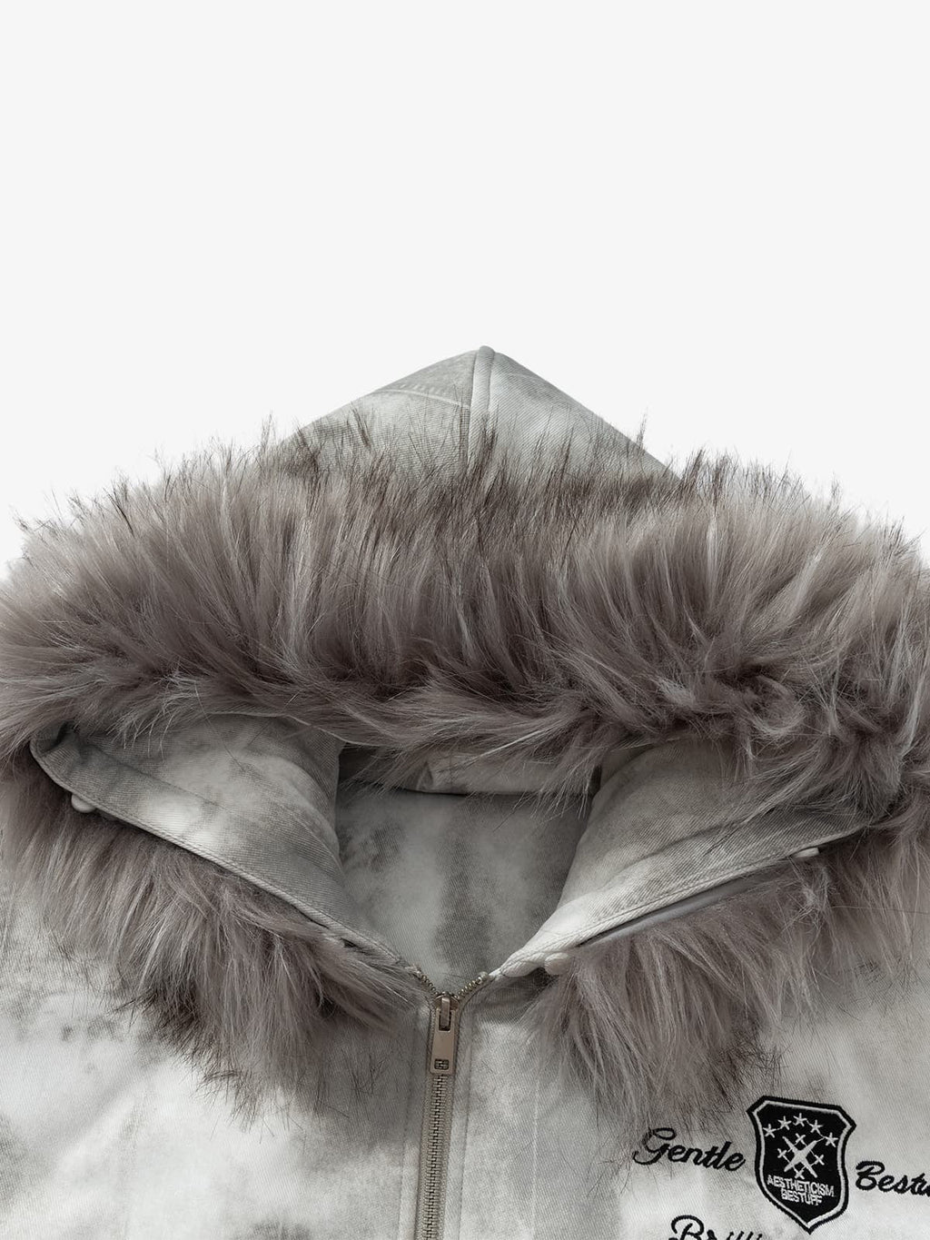 Vintage Tie-Dye Detachable Fur Collar Hooded Bomber Jacket