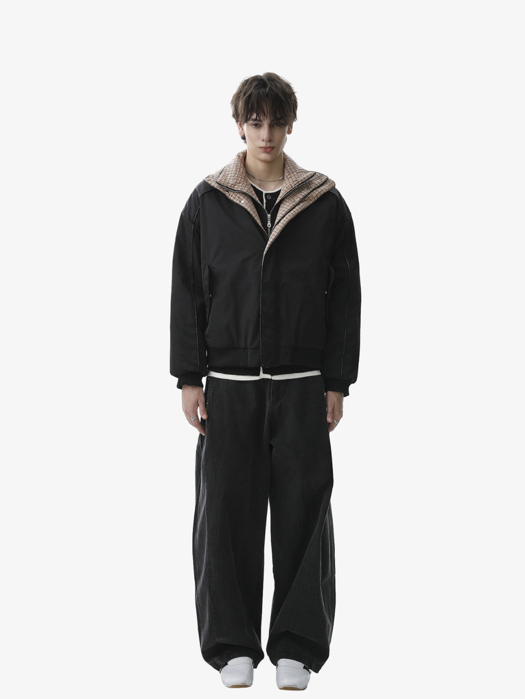 Retro Layered Look Plaid Collar Padded Jacket