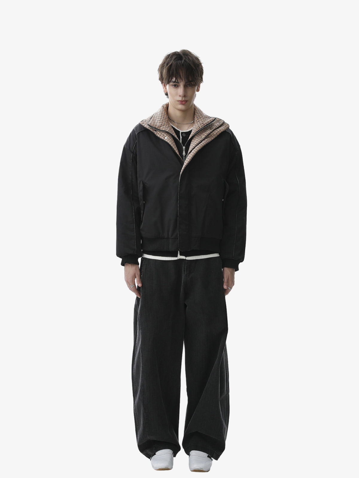 Retro Layered Look Plaid Collar Padded Jacket