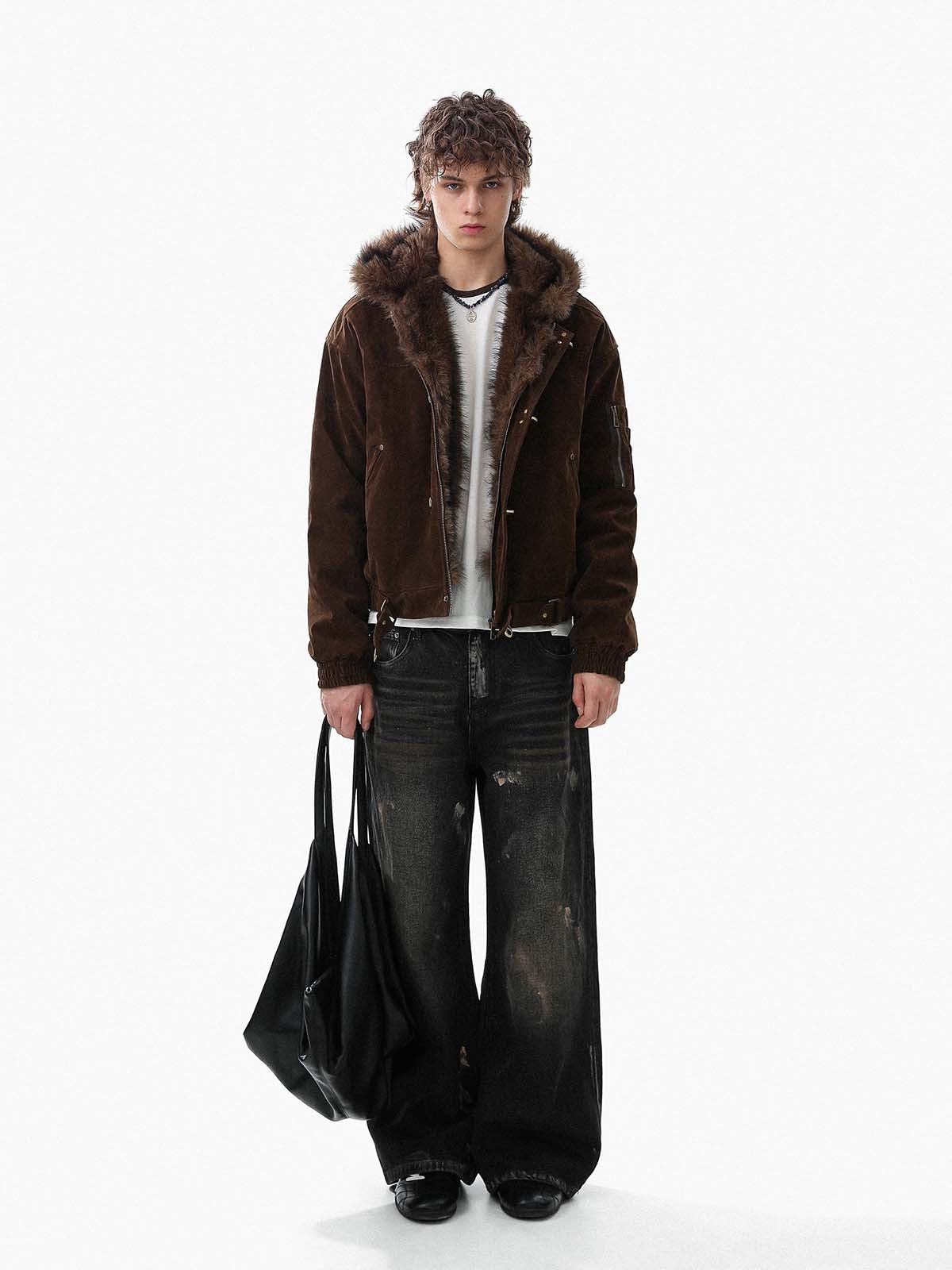 Streetwear Metal Clip Faux Fur Hooded Suede Bomber Jacket