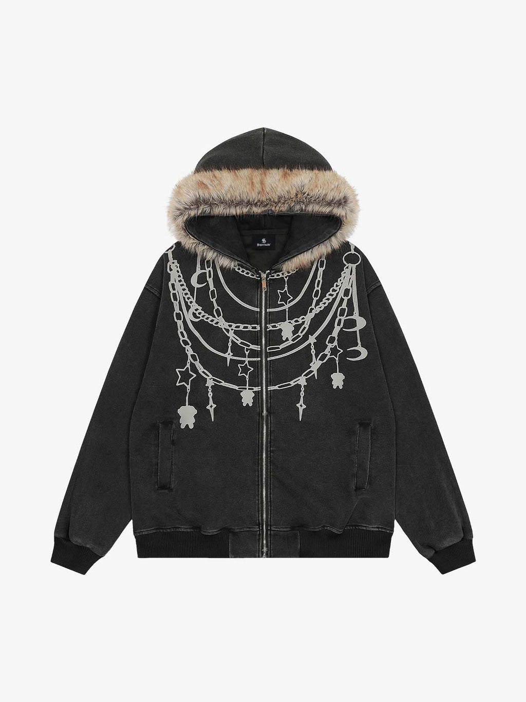 Retro Chain-Decorated Washed Fur Collar Hooded Jacket