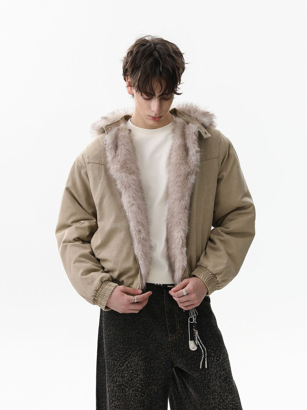 Street Outdoor Detachable Fur Collar Fleece Hooded Padded Jacket