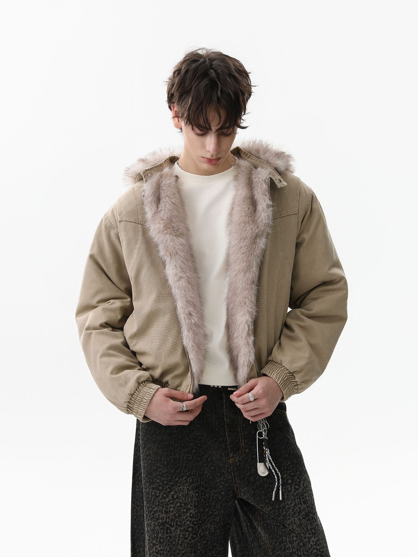 Street Outdoor Detachable Fur Collar Fleece Hooded Padded Jacket