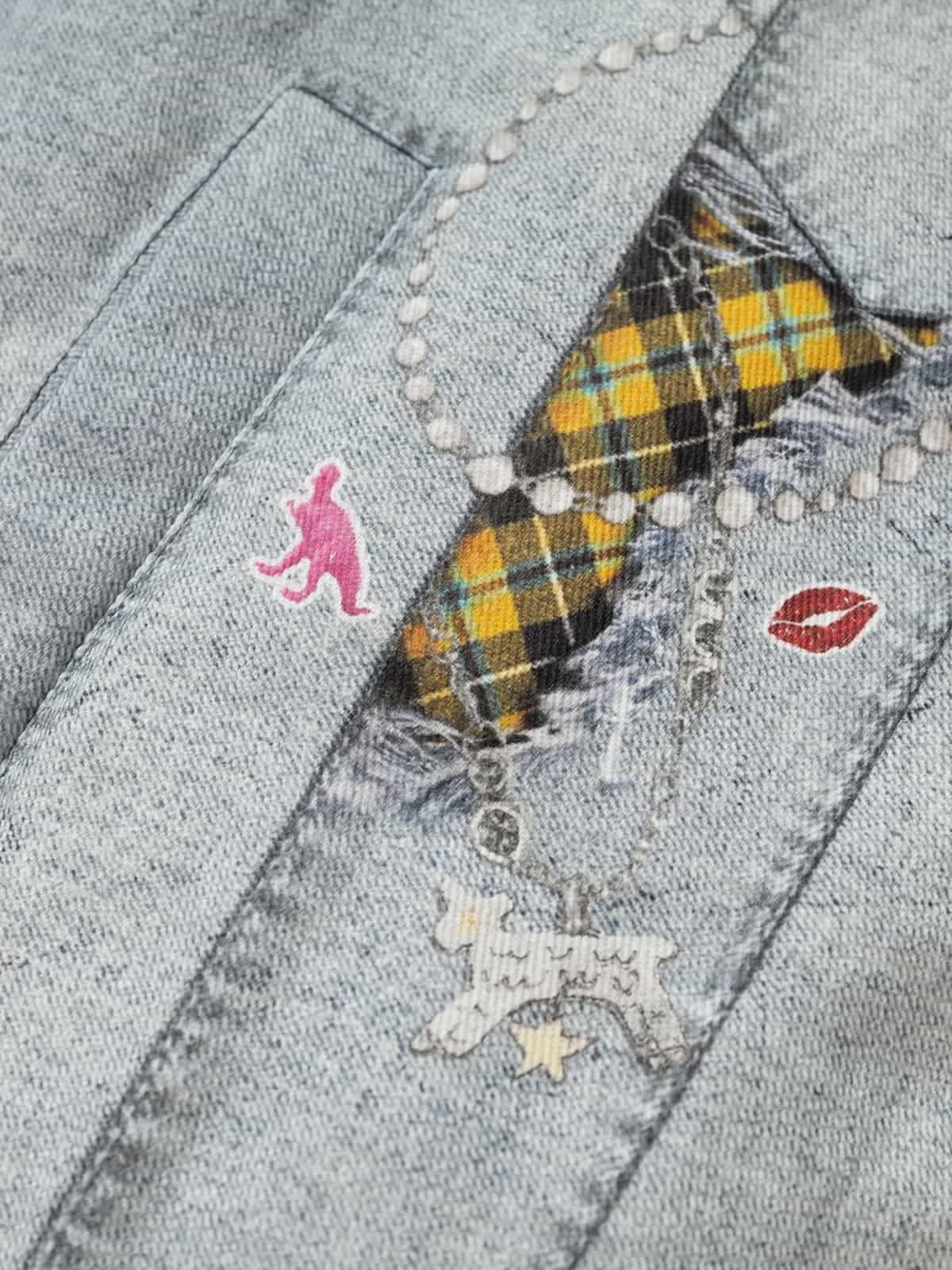 Street Illusion Denim Print Stand Collar Padded Cotton Jacket