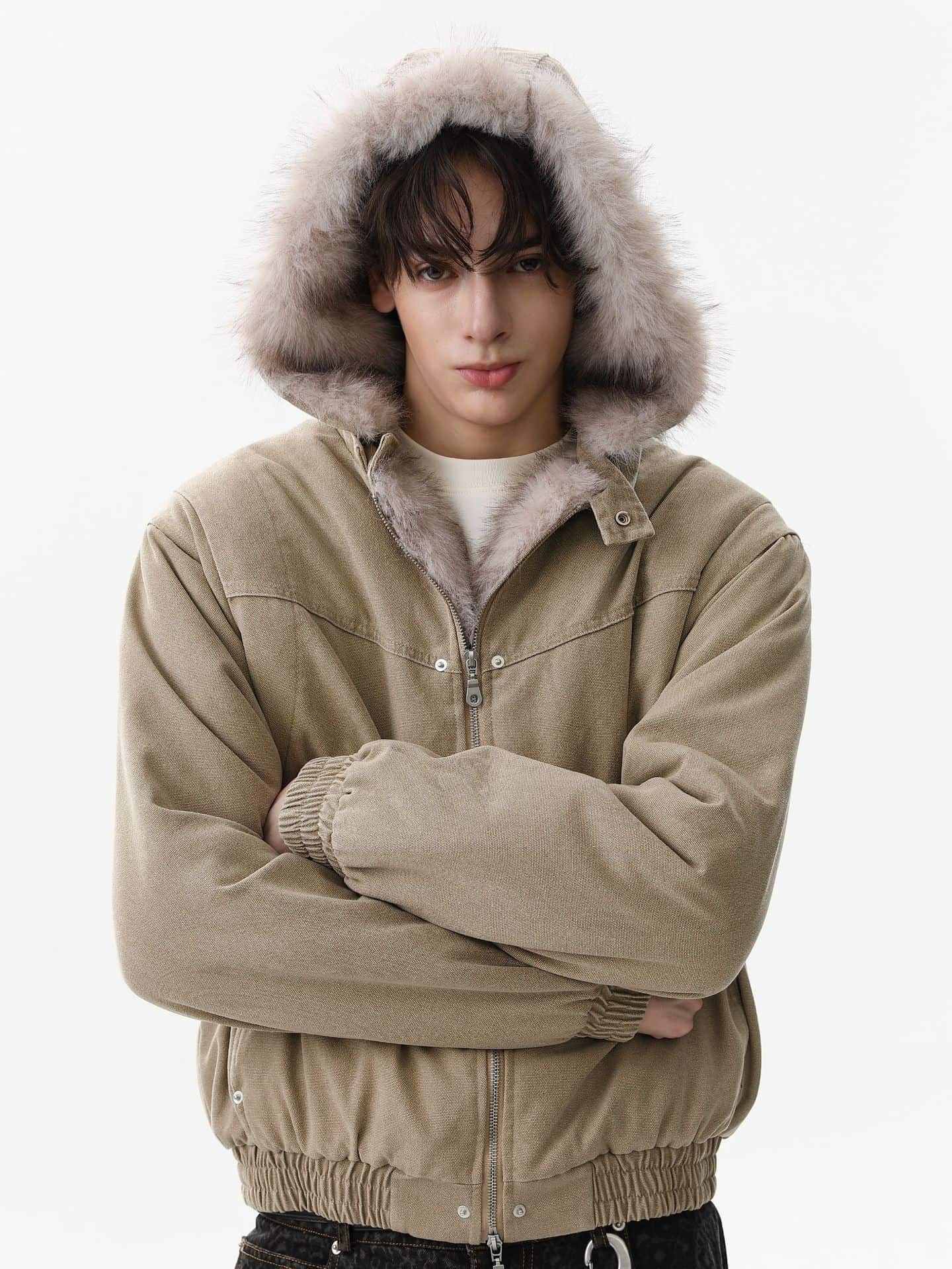 Street Outdoor Detachable Fur Collar Fleece Hooded Padded Jacket