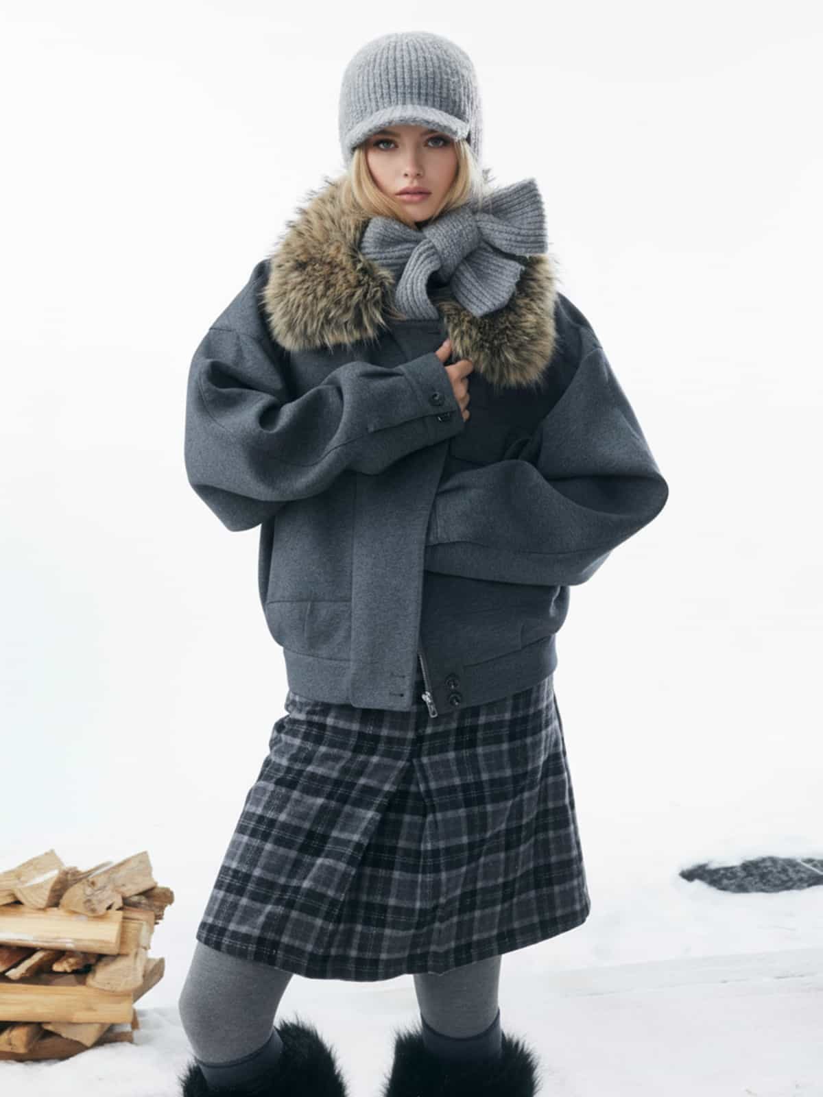 Retro Detachable Faux Fur Collar Washed Bomber Jacket