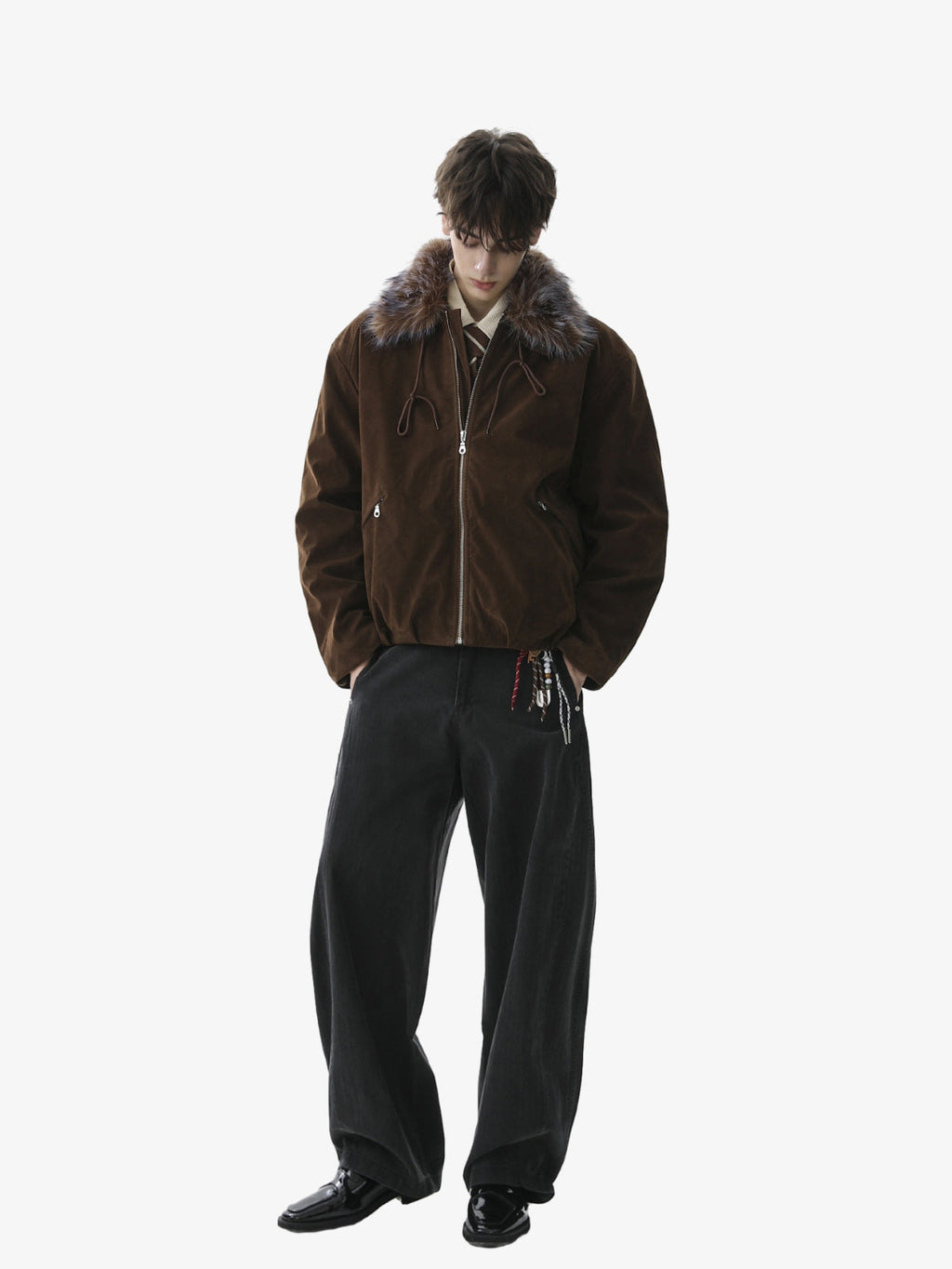 Vintage Drawstring Design Fur Collar Padded Jacket