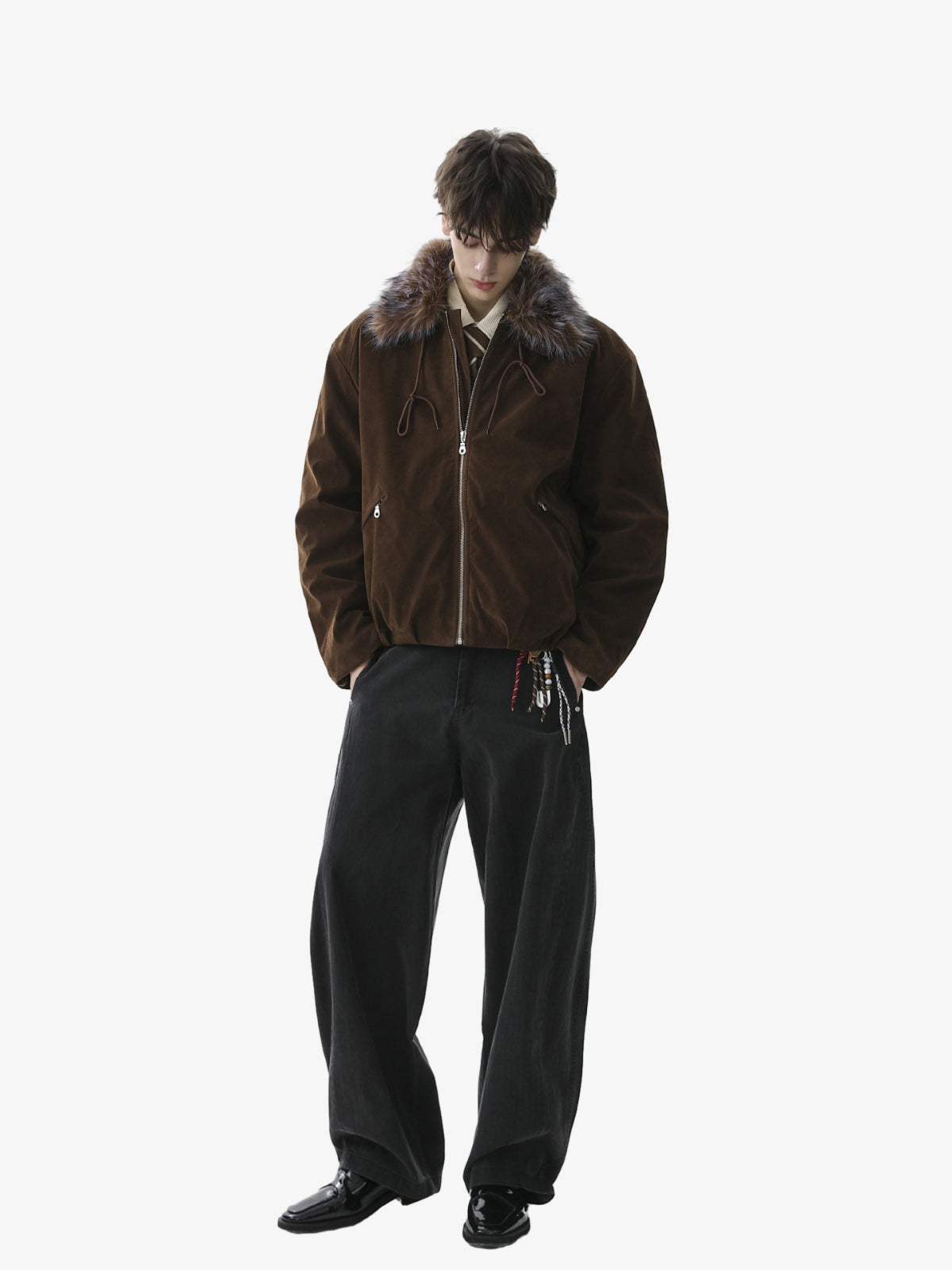 Vintage Drawstring Design Fur Collar Padded Jacket