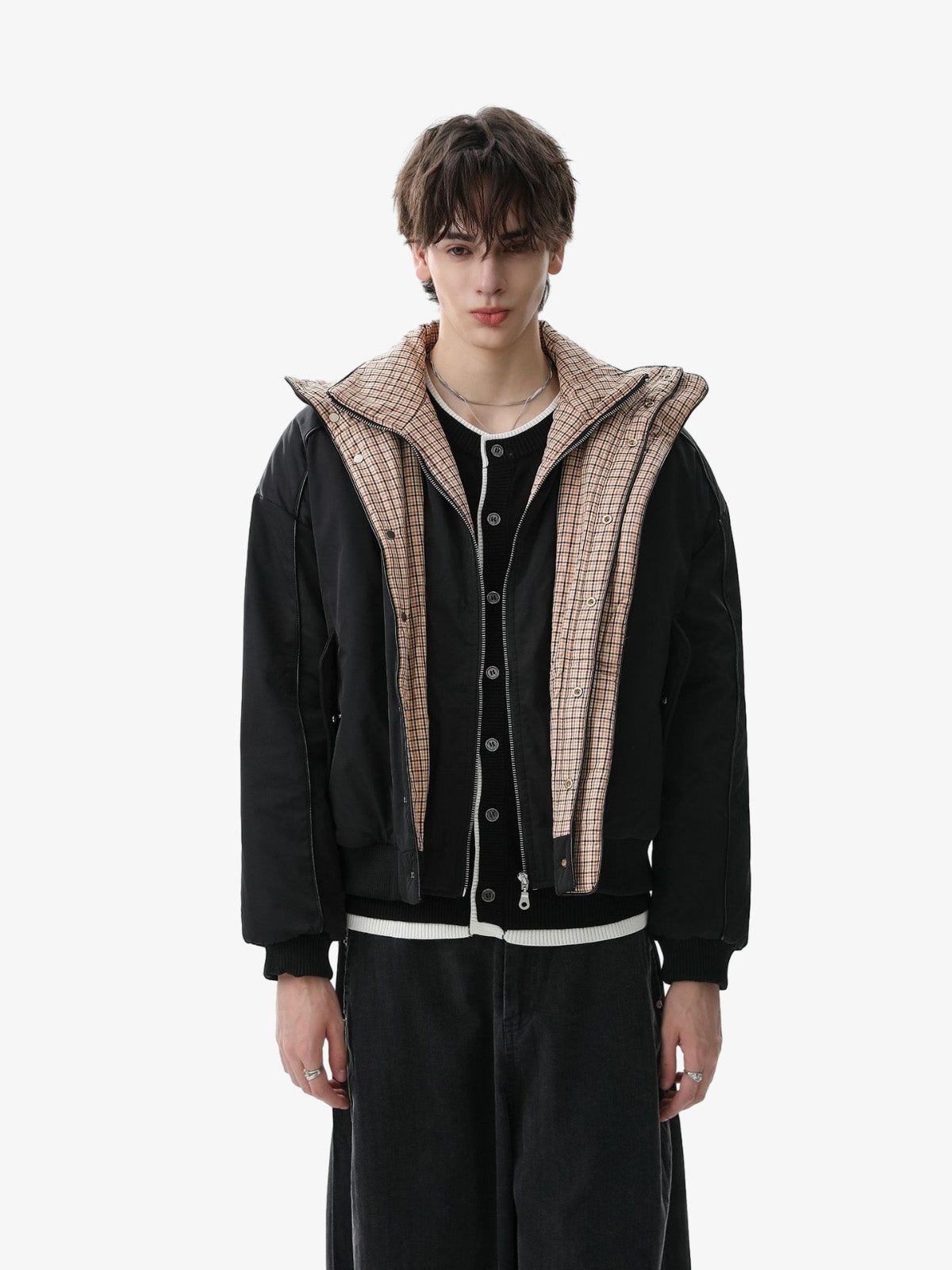 Retro Layered Look Plaid Collar Padded Jacket