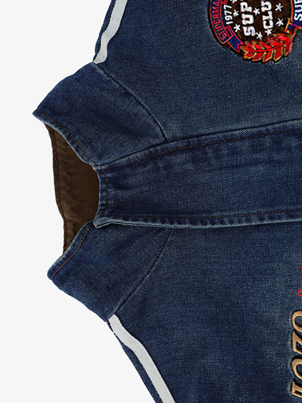 Retro Badge Embroidered Cropped Denim Jacket