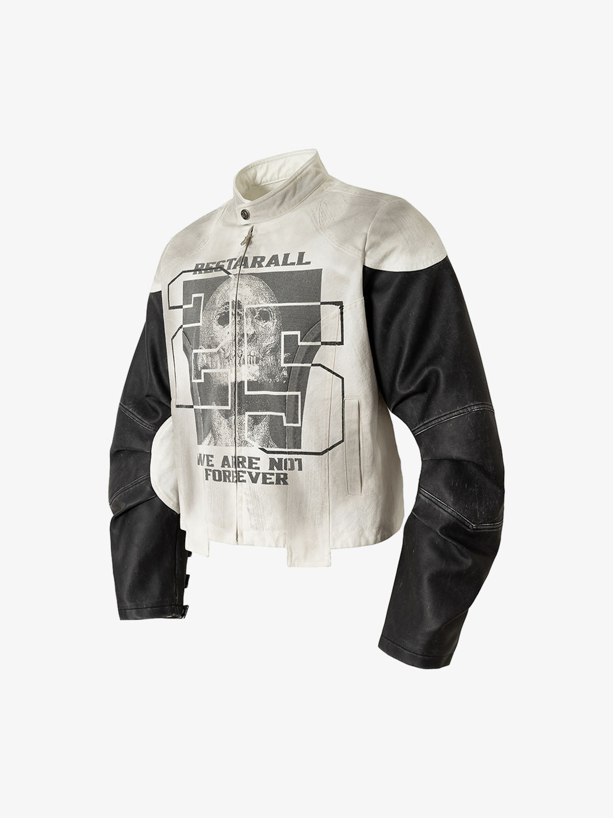 Skull Print Paneled Stand-Up Collar Leather Jacket