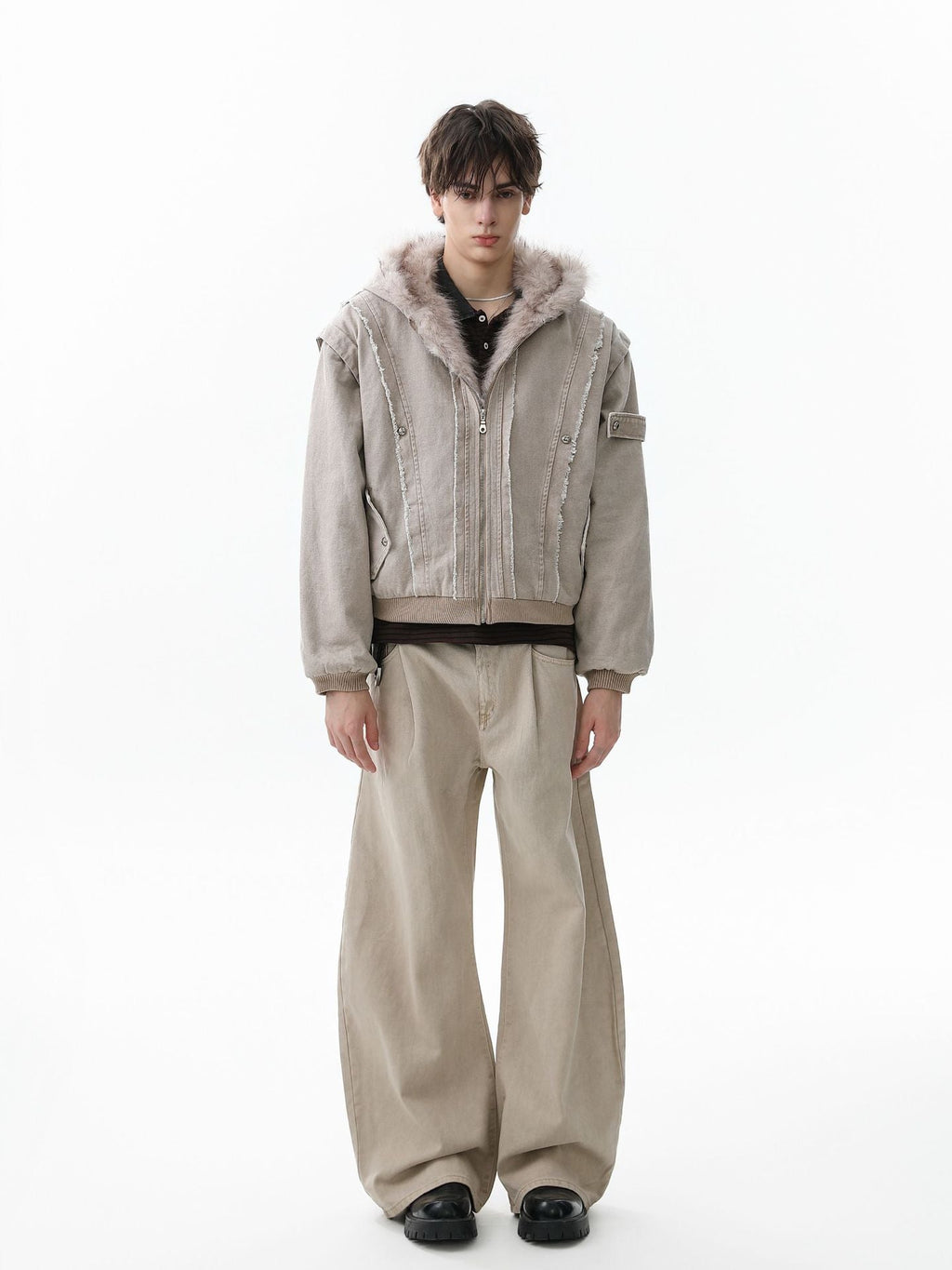 Retro Washed Fleece-lined Hooded Work Jacket