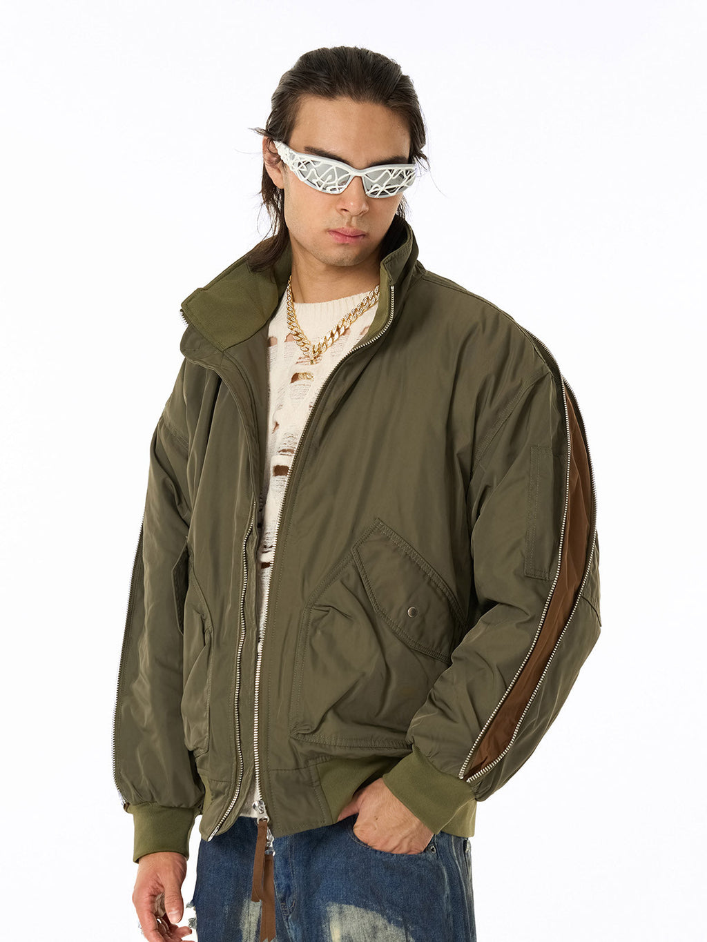 Retro Street Hip-Hop Zipper Design Bomber Jacket