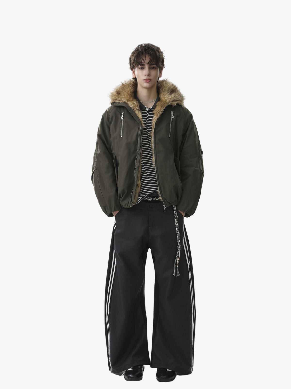 Vintage Zipper Design Fur Stand Collar Bomber Jacket