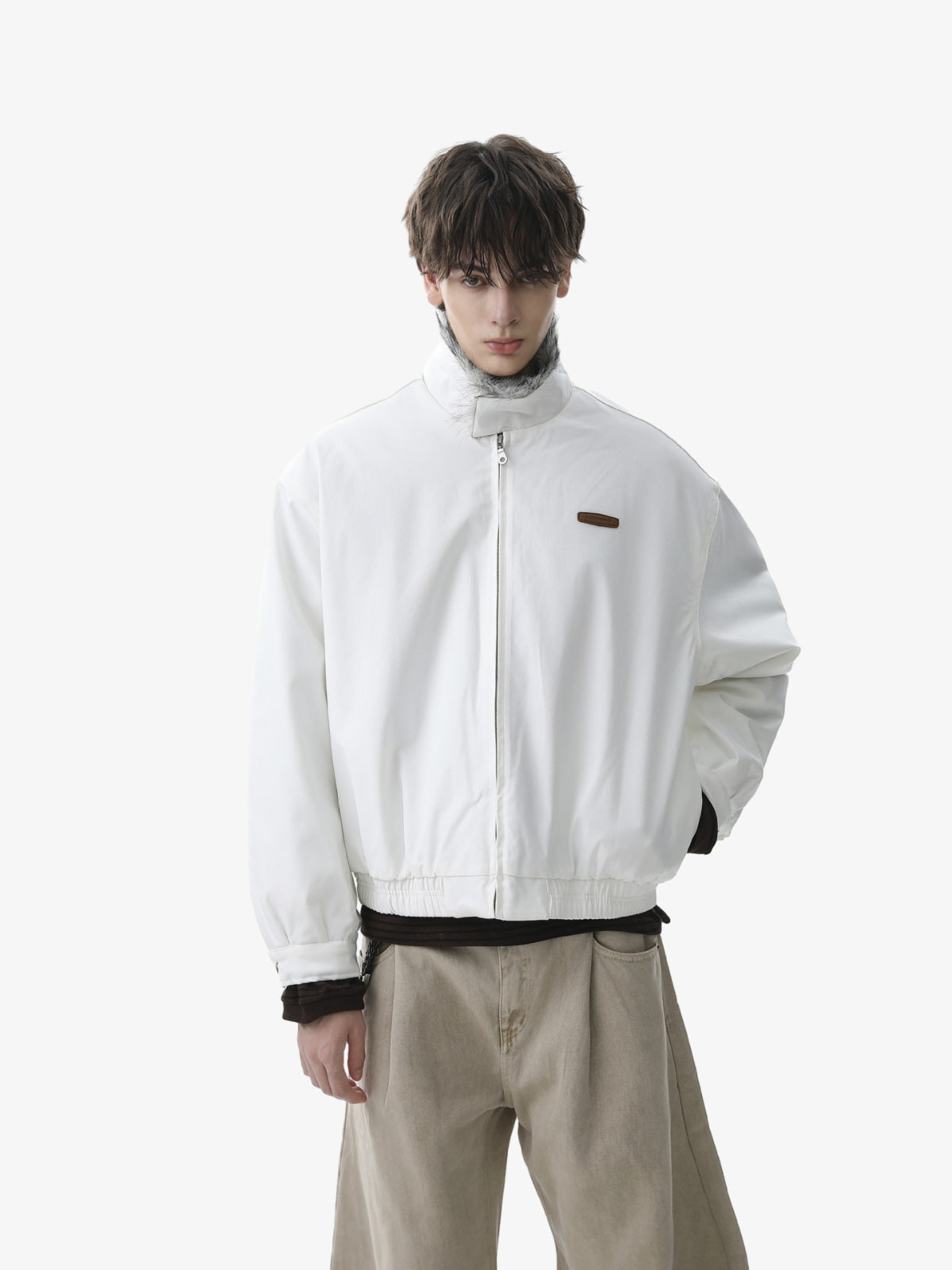 Vintage Stand Collar Fur Lined Bomber Jacket