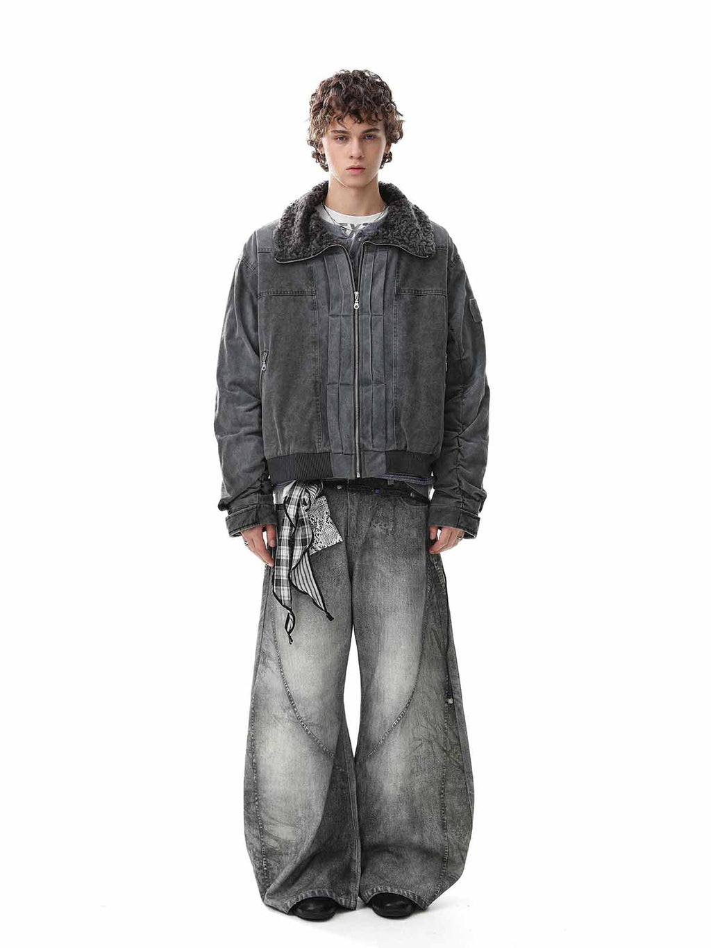 Vintage Distressed Pleated Shearling Collar Fleece Jacket