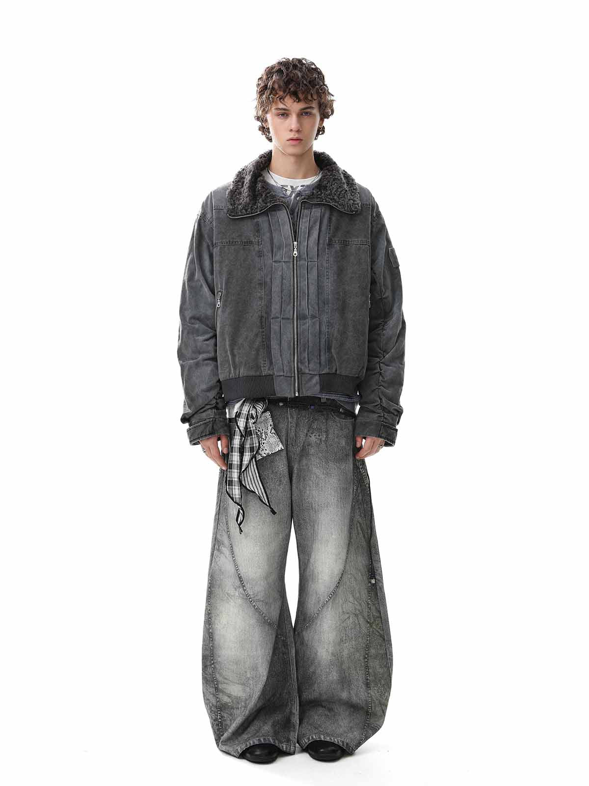 Vintage Distressed Pleated Shearling Collar Fleece Jacket