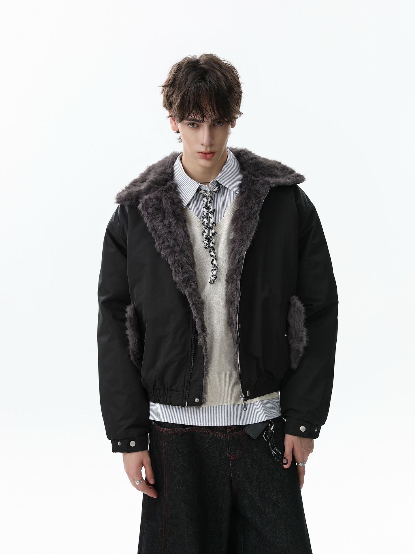 Faux Fur Collar Zipper Padded Bomber Jacket