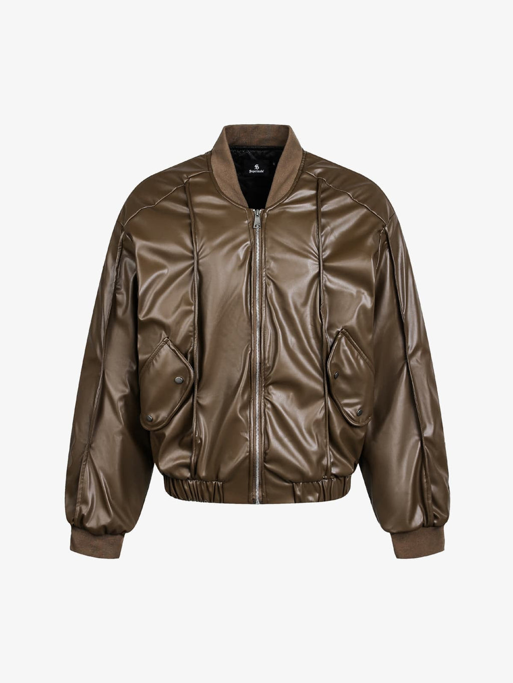 Retro Brown Faux Leather Zip-Up Bomber Jacket