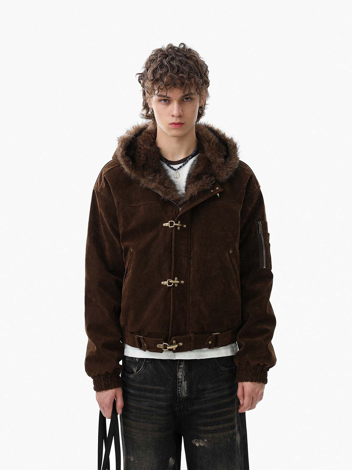 Streetwear Metal Clip Faux Fur Hooded Suede Bomber Jacket