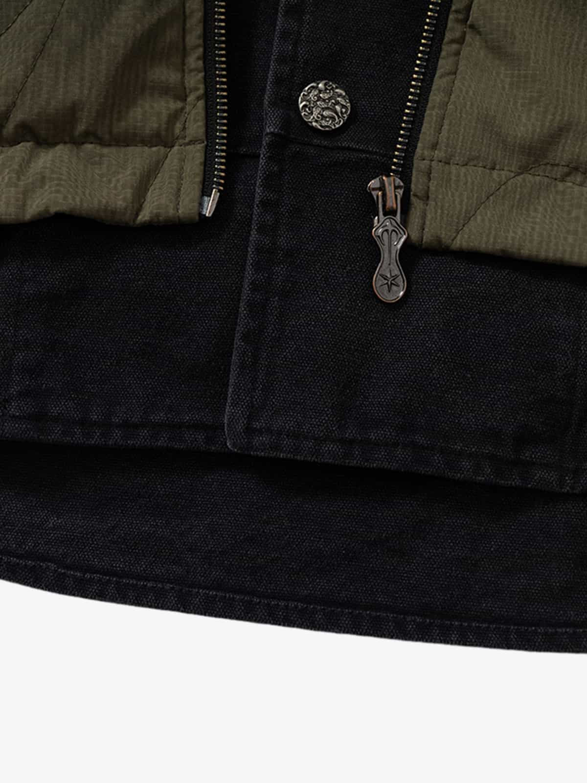 Vintage Quilted Military Patchwork Zip-Up Hoodie Jacket