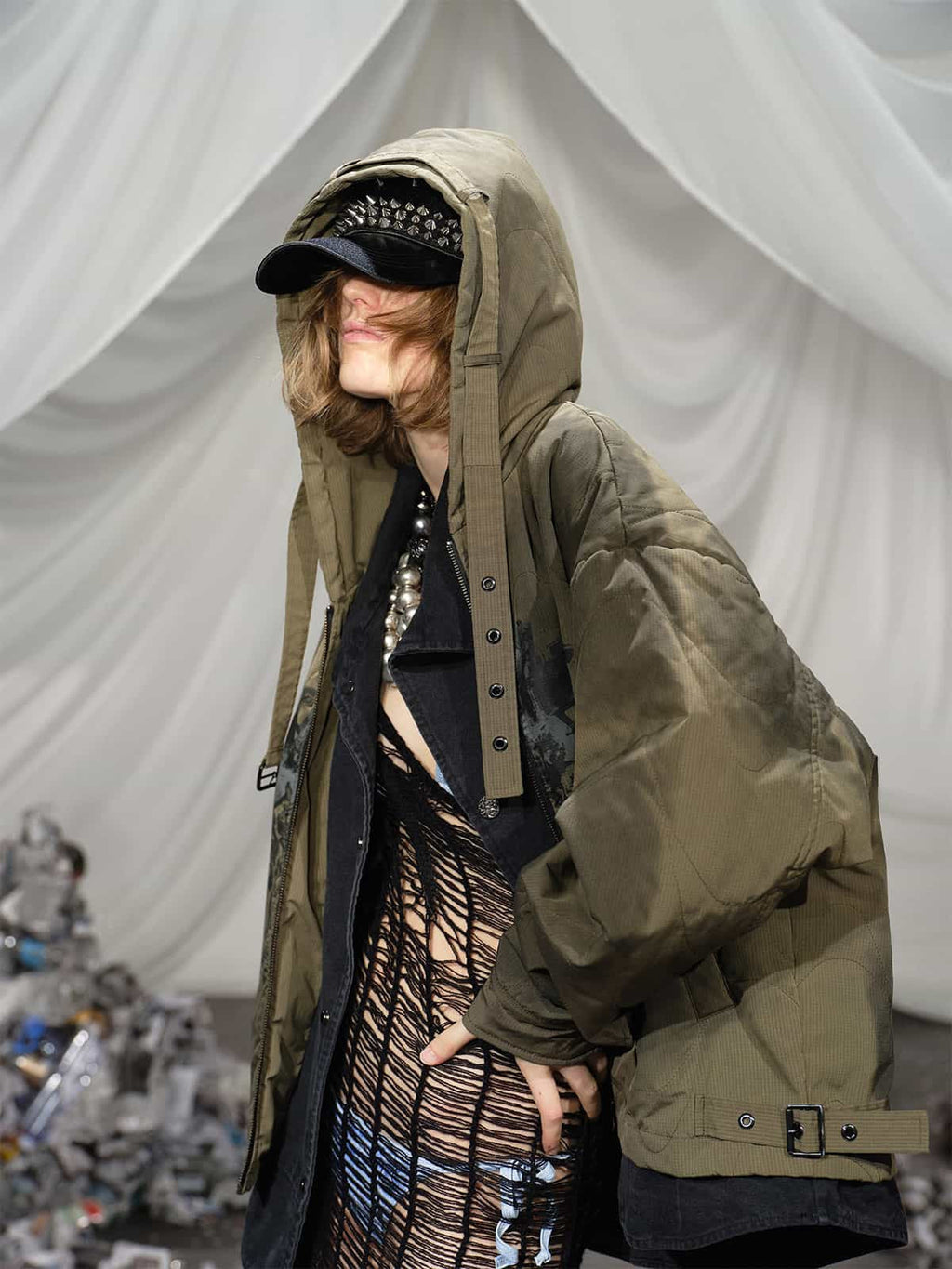 Vintage Quilted Military Patchwork Zip-Up Hoodie Jacket