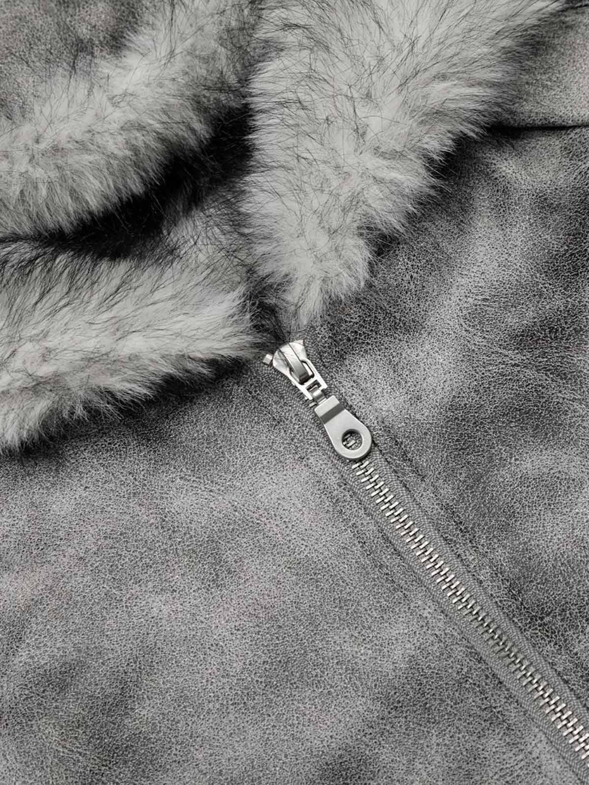 Faux Suede Vintage Wash Fur Hood Padded Jacket