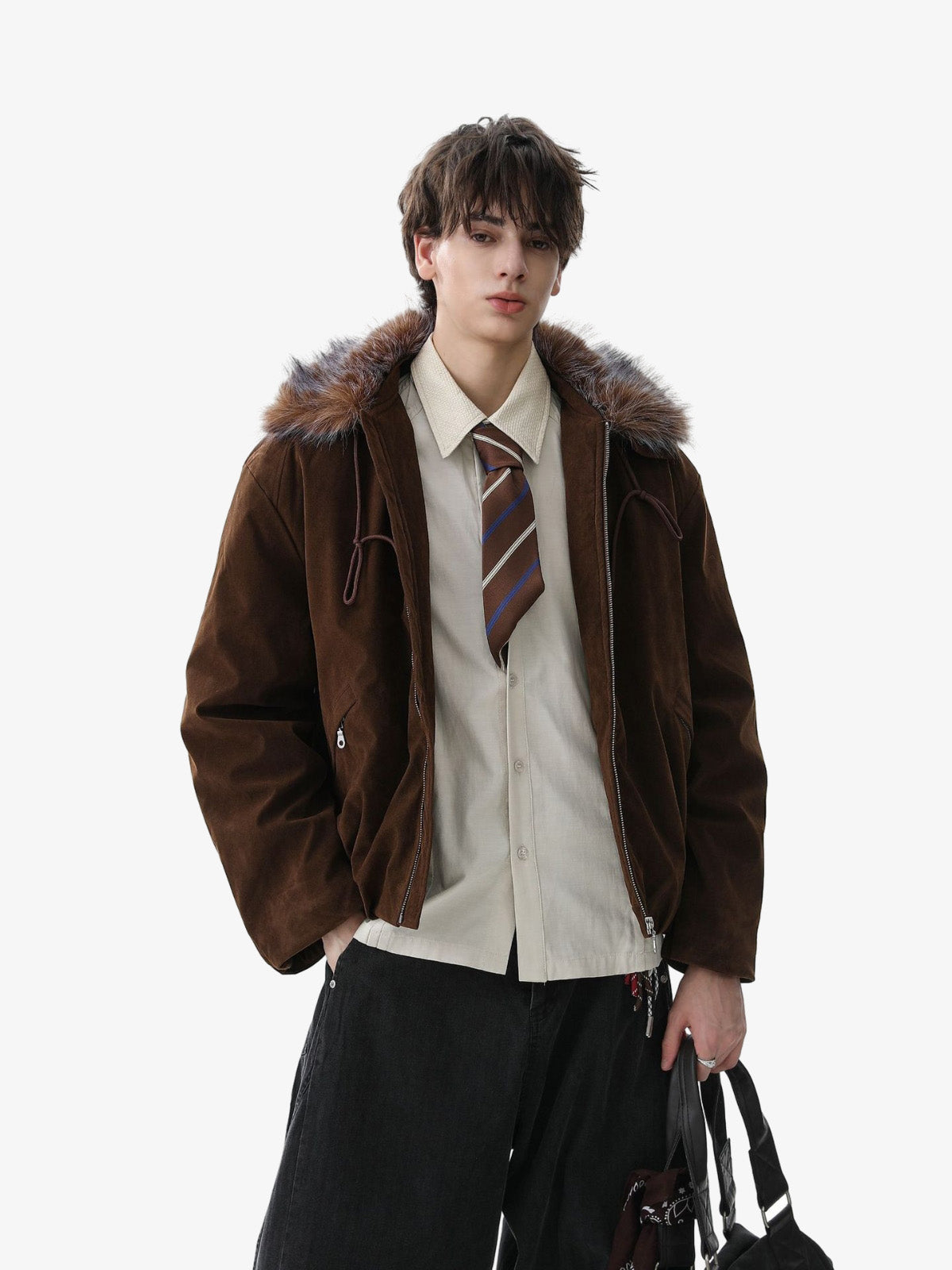 Vintage Drawstring Design Fur Collar Padded Jacket