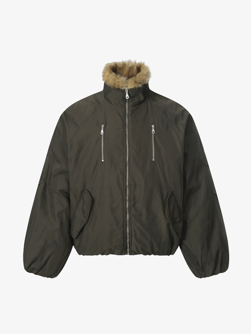 Vintage Zipper Design Fur Stand Collar Bomber Jacket