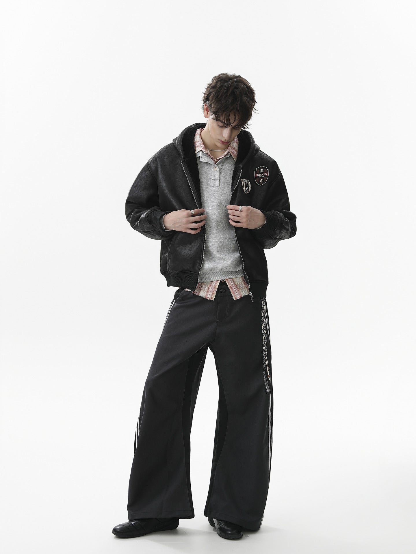 Vintage Leather Badge Fleece-lined Hooded Zip Bomber Jacket - 2547