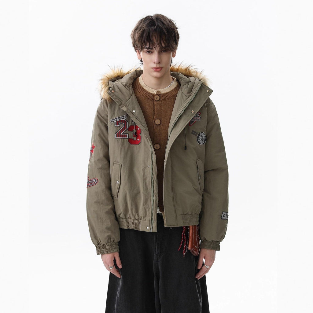 Retro Badge Embroidered Fur Collar Bomber Jacket