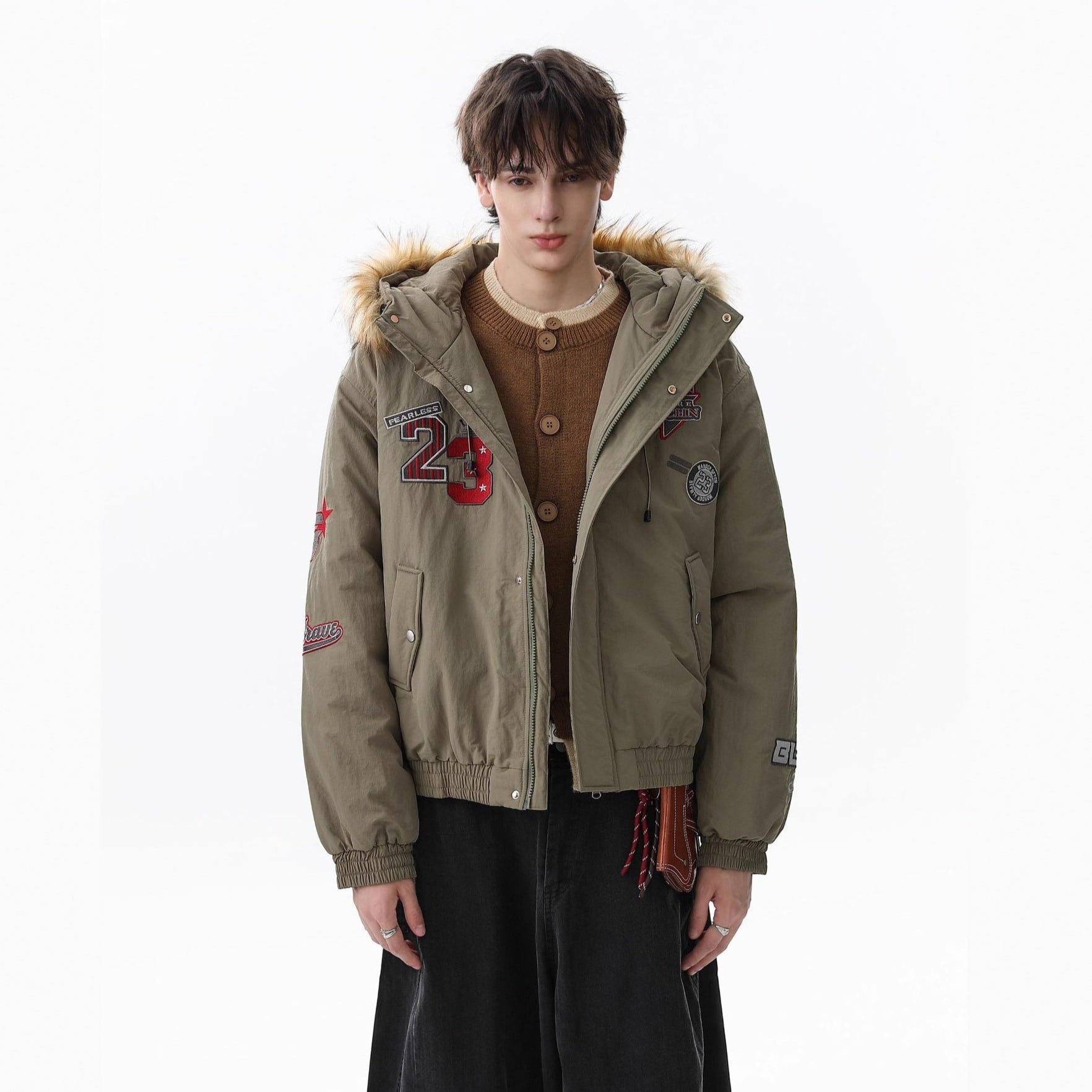 Retro Badge Embroidered Fur Collar Bomber Jacket