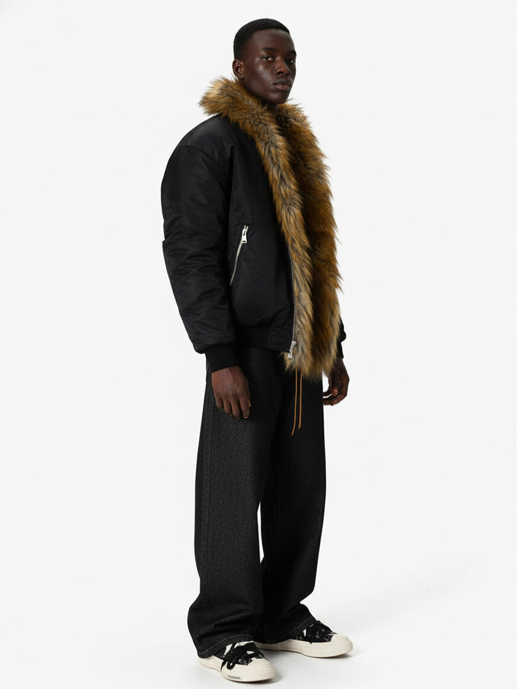 Street Dark Shadow Fur Collar Quilted Bomber Jacket