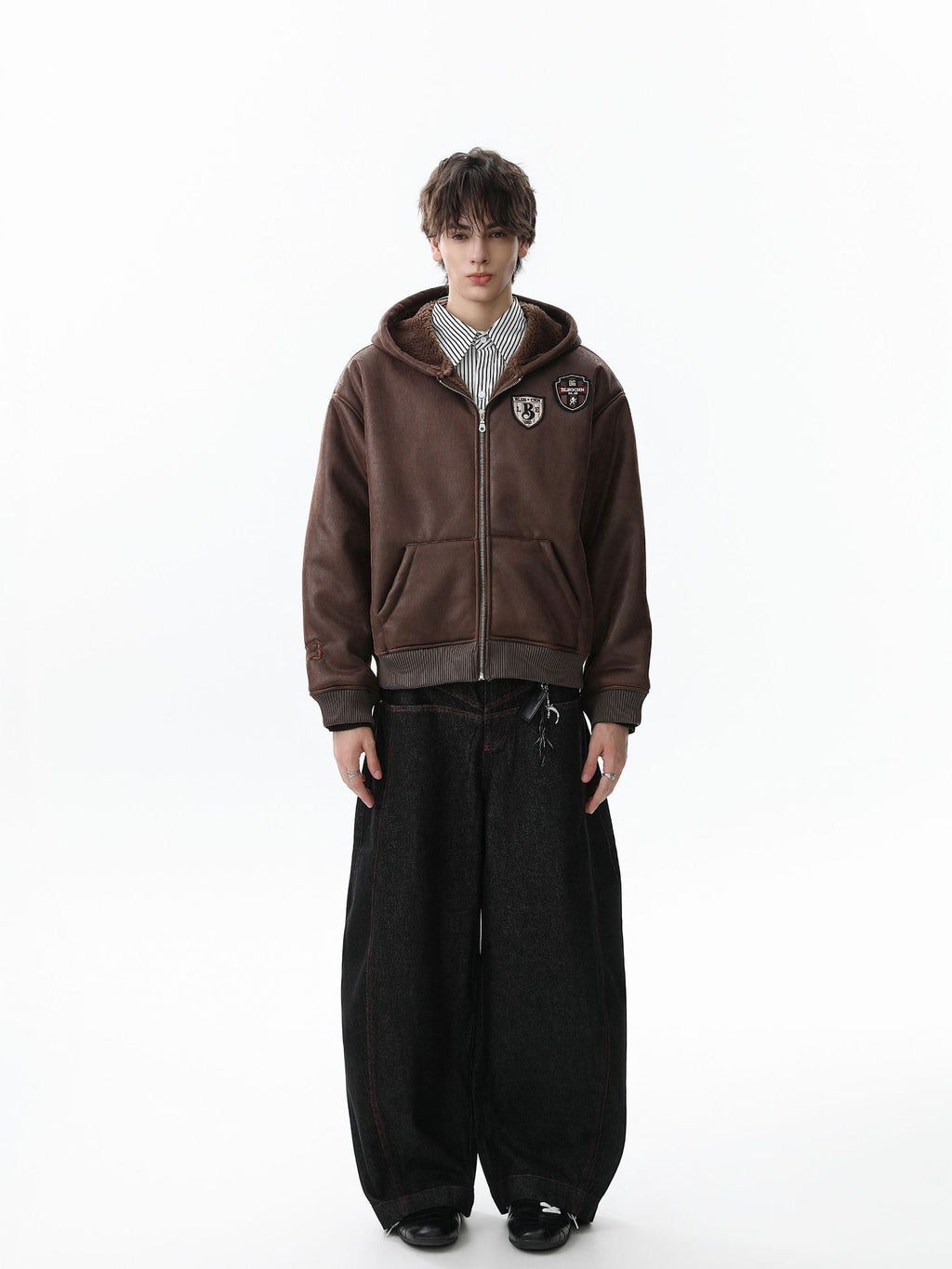 Vintage Leather Badge Fleece-lined Hooded Zip Bomber Jacket - 2547