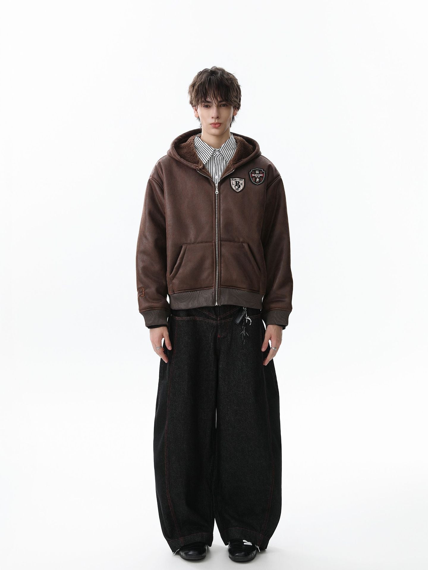 Vintage Leather Badge Fleece-lined Hooded Zip Bomber Jacket - 2547