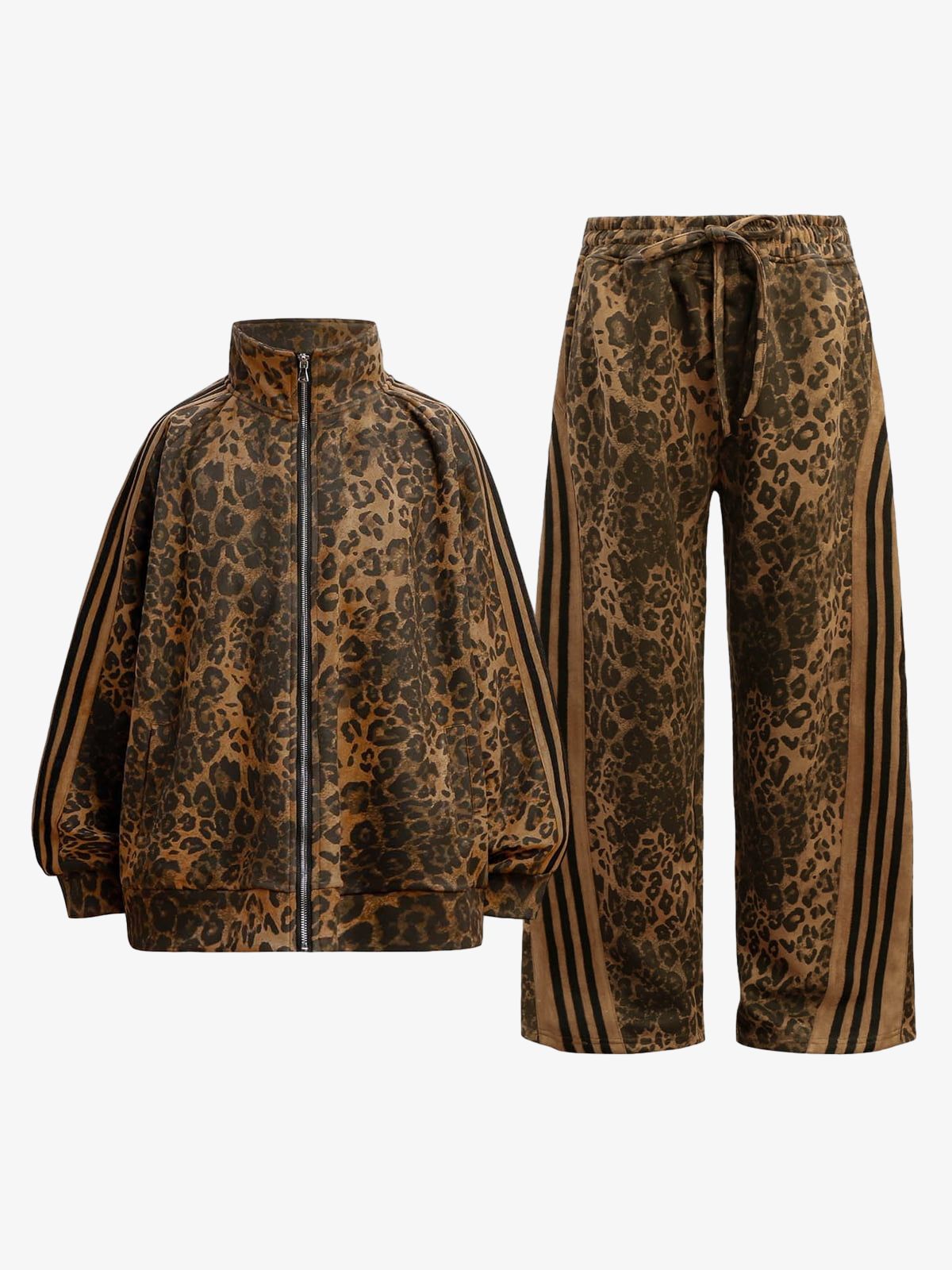 French Terry Cheetah Print Suede Tracksuit - 2277