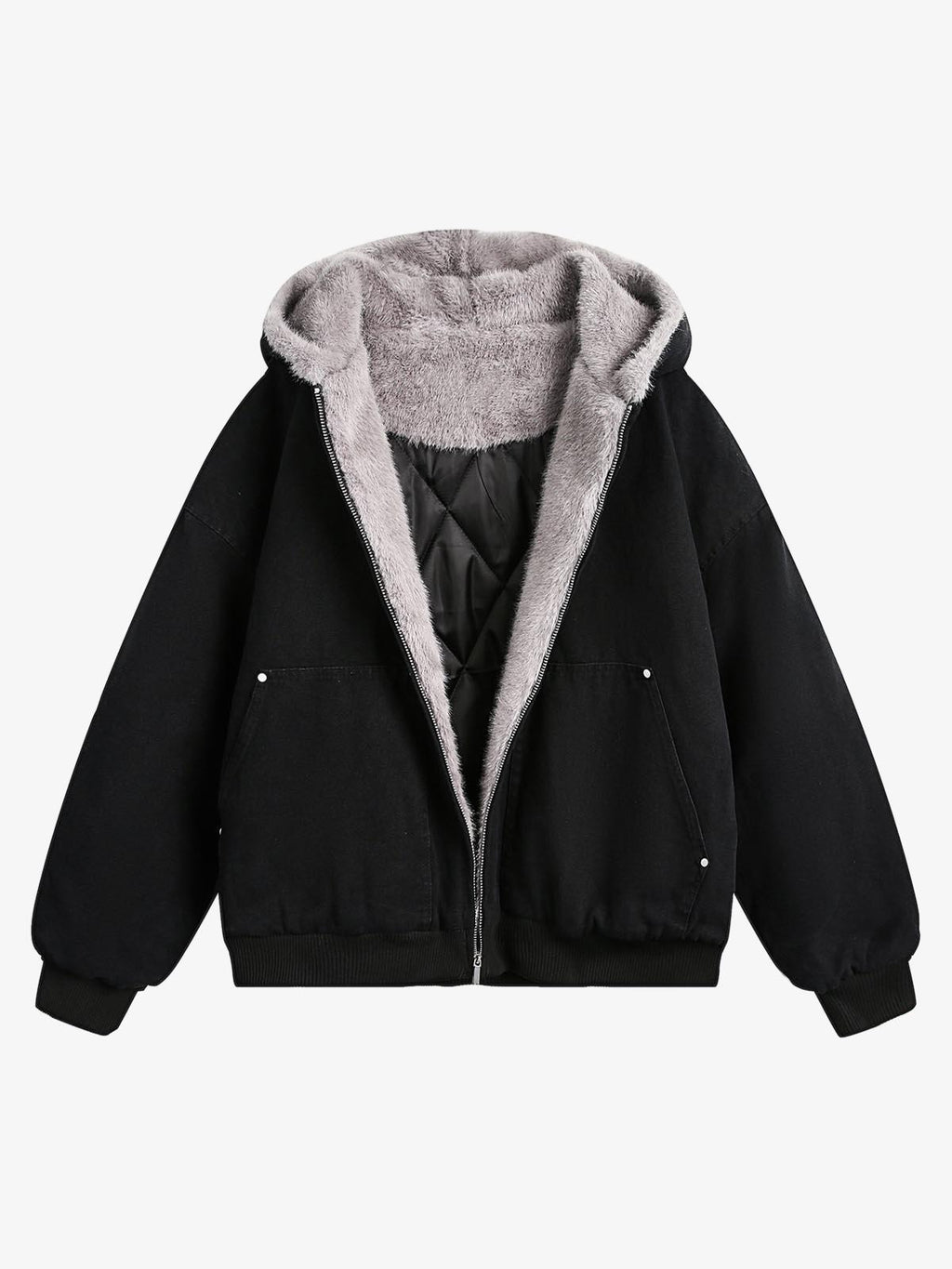 Thesupermade Fur Hooded Zip Up Quilted Jacket - 2510