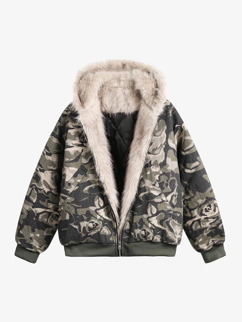 Thesupermade Camouflage Fur Hooded Jacket - 2353