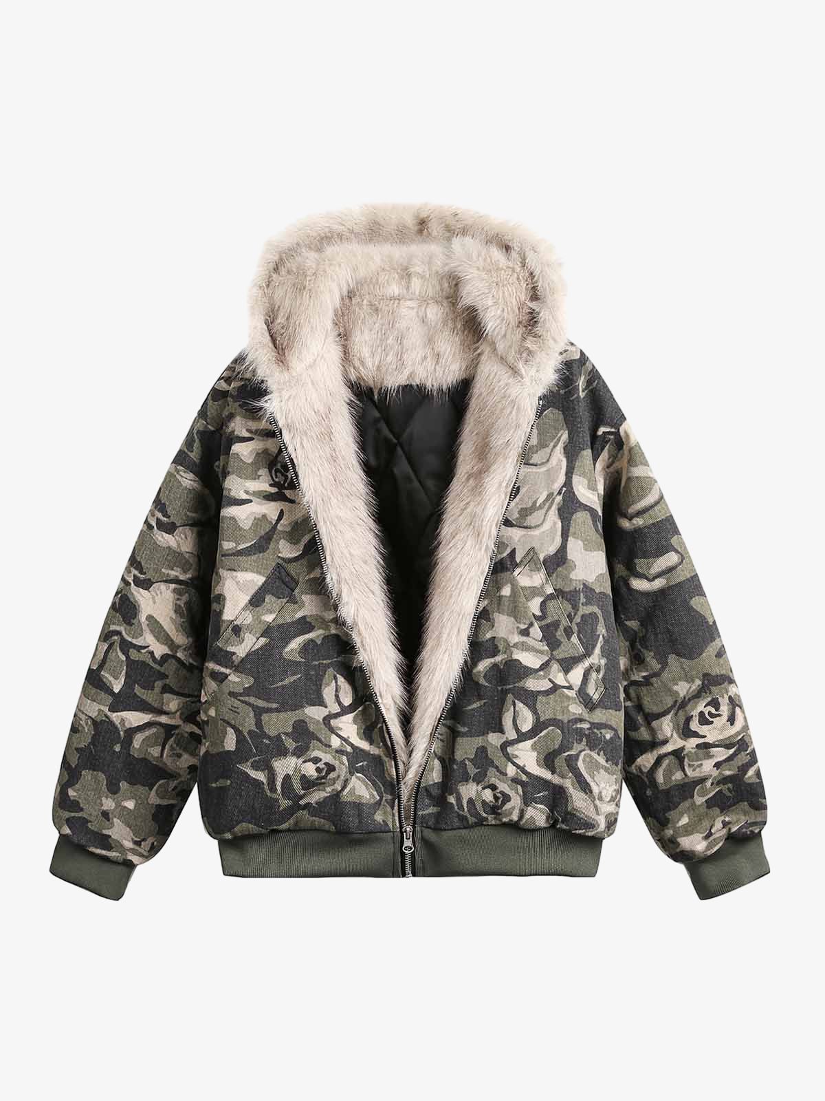 Thesupermade Camouflage Fur Hooded Jacket - 2353