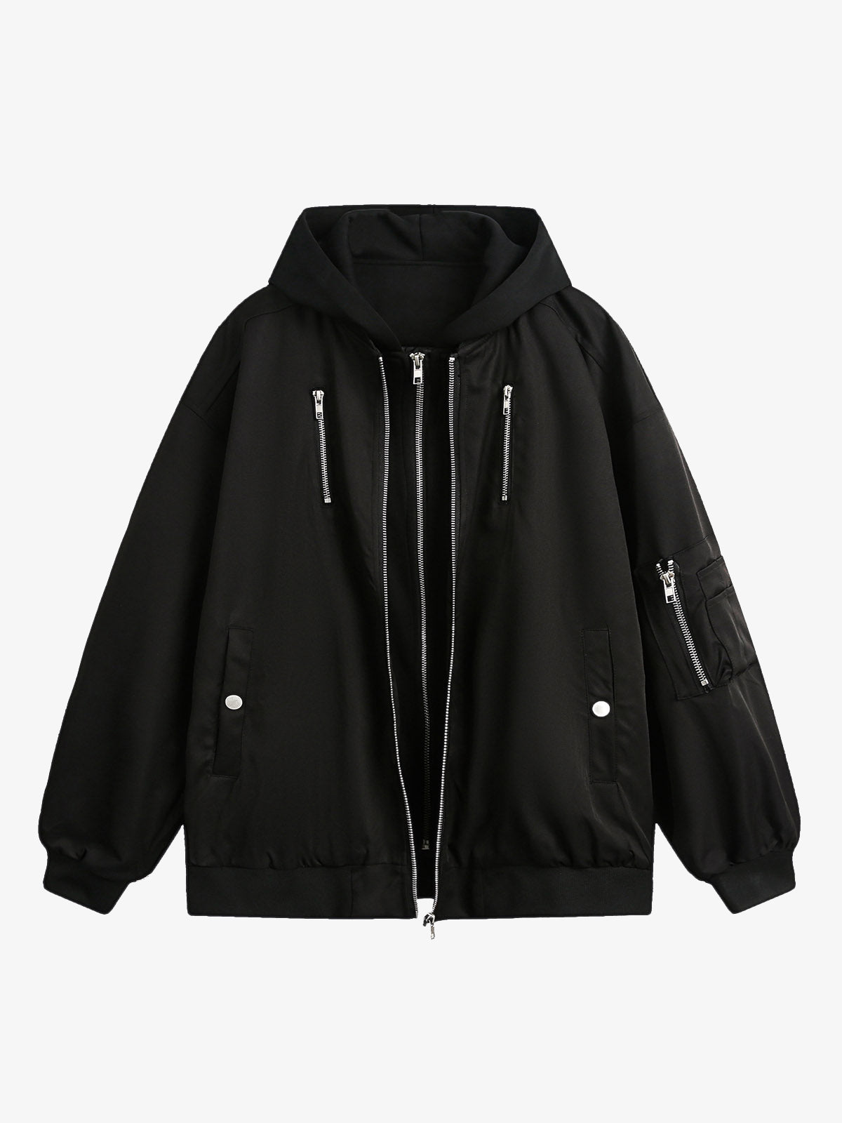 Faux Two-Piece Multi Pocket Spliced Hooded Bomber Jacket