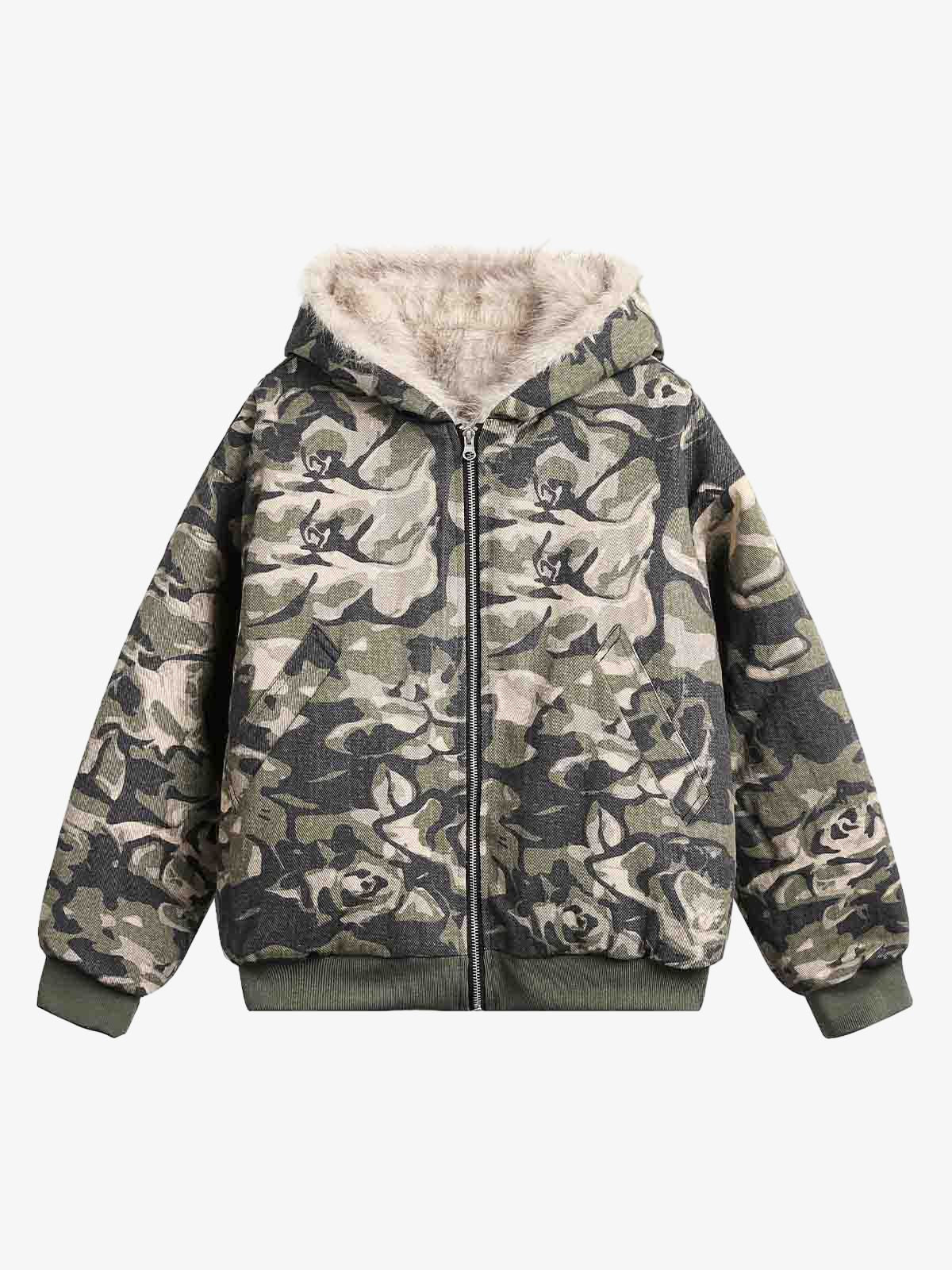 Thesupermade Camouflage Fur Hooded Jacket - 2353