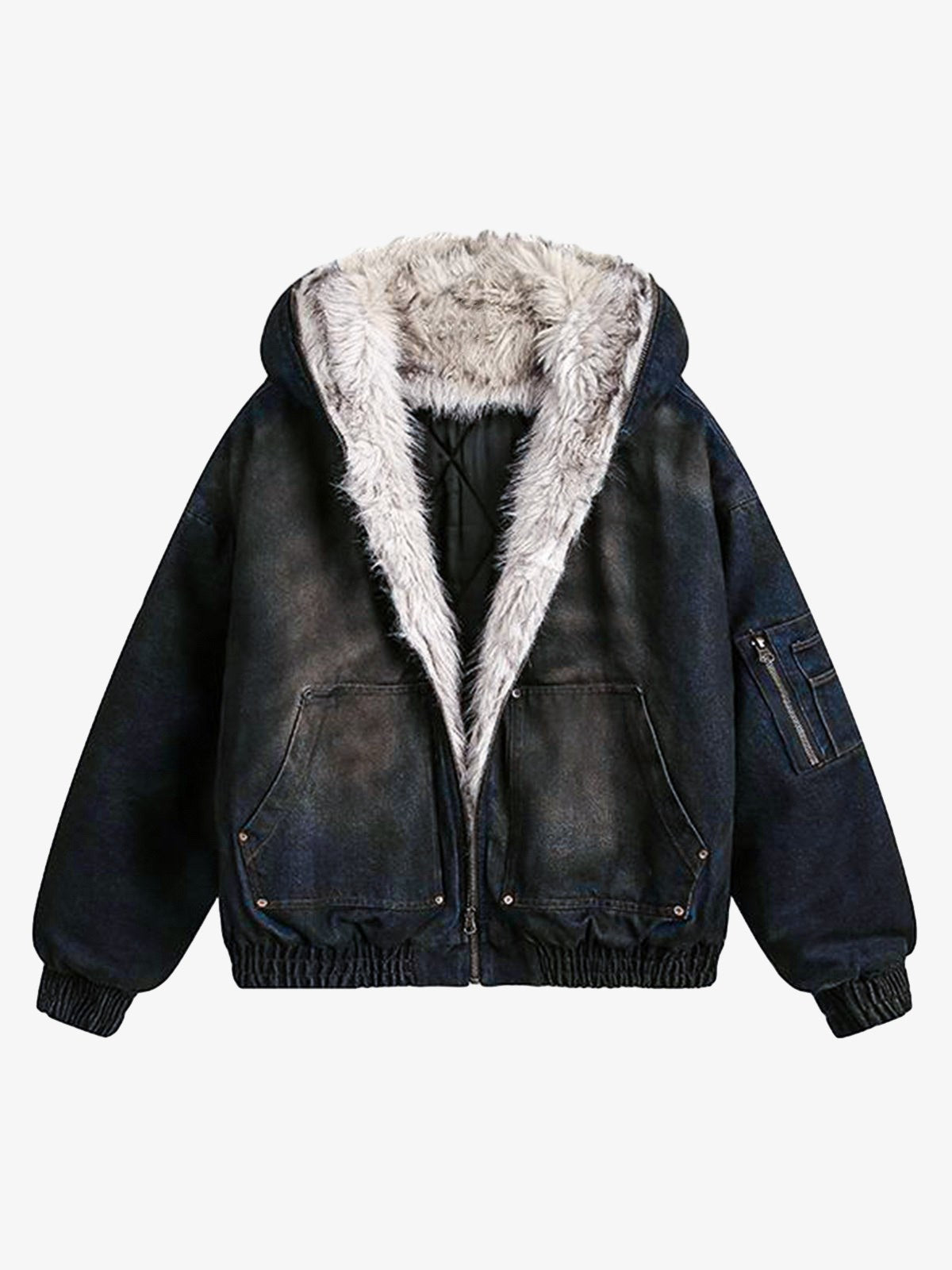 Cotton Washed Fur Hooded Jacket - 2265